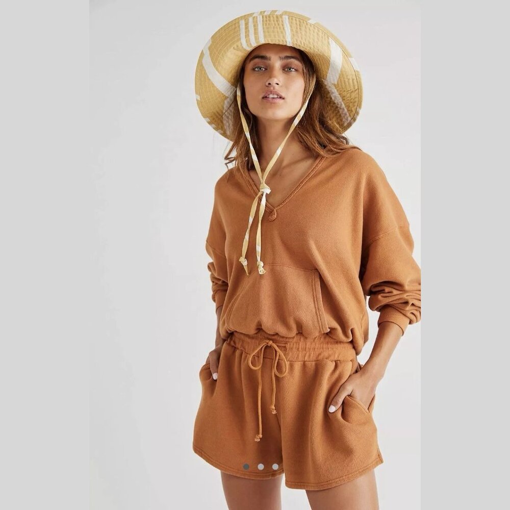 Free People Beach Kickin’ It Hooded Romper Bright Cider color Size Medium